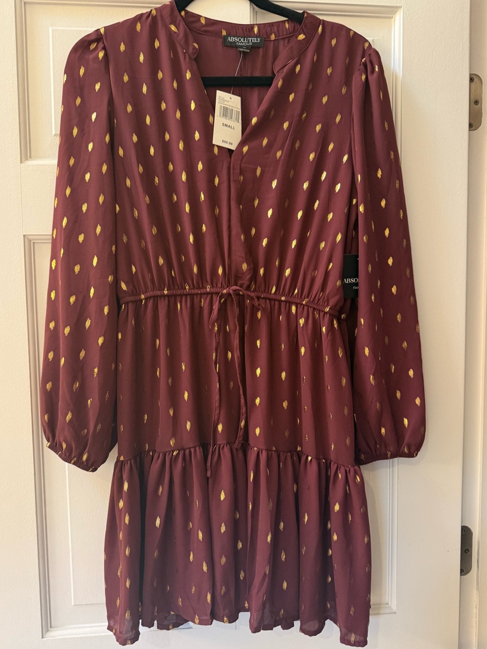 NWT Absolutely Famous Burgundy Gold Foil Tiered Mini Dress Small
